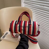 Women's Canvas Stripe Classic Style Sewing Thread Cylindrical Zipper Shoulder Bag Handbag Crossbody Bag main image 3