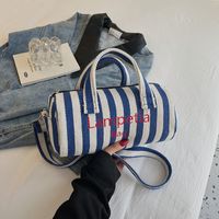 Women's Canvas Stripe Classic Style Sewing Thread Cylindrical Zipper Shoulder Bag Handbag Crossbody Bag main image 7