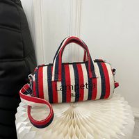 Women's Canvas Stripe Classic Style Sewing Thread Cylindrical Zipper Shoulder Bag Handbag Crossbody Bag main image 4