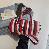 Women's Canvas Stripe Classic Style Sewing Thread Cylindrical Zipper Shoulder Bag Handbag Crossbody Bag sku image 2
