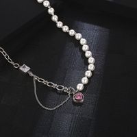 304 Stainless Steel 18K Gold Plated Hip-Hop Cool Style Pearl Chain Inlay Heart Shape Zircon Pendant Necklace main image 4
