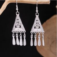 1 Pair Retro Leaf Sector Tassel Plating Hollow Out Inlay Alloy Turquoise Drop Earrings sku image 7