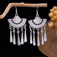 1 Pair Retro Leaf Sector Tassel Plating Hollow Out Inlay Alloy Turquoise Drop Earrings sku image 4