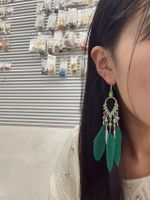 New Peacock Feather Diamond-studded Rice Bead Long Tassel Earrings sku image 4