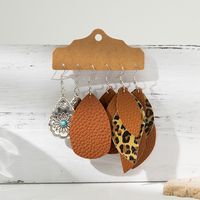 3 Pairs Streetwear Cactus Leaf Leopard Pu Leather Drop Earrings sku image 1