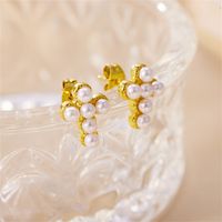 1 Pair Glam Lady Cross Plating Inlay Stainless Steel Pearl 18k Gold Plated Ear Studs main image 3