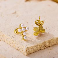 1 Pair Glam Lady Cross Plating Inlay Stainless Steel Pearl 18k Gold Plated Ear Studs main image 4