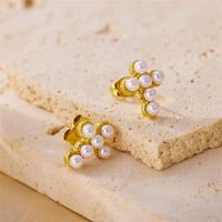 1 Pair Glam Lady Cross Plating Inlay Stainless Steel Pearl 18k Gold Plated Ear Studs main image 2