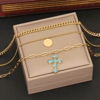 Stainless Steel 18K Gold Plated Vintage Style Plating Inlay Cross Turquoise Jewelry Set main image 2