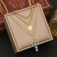 Stainless Steel 18K Gold Plated Vintage Style Plating Inlay Cross Turquoise Jewelry Set sku image 2