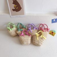 Girl's Straw Solid Color Cute Bucket Open Handbag main image 4