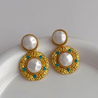 1 Piece Vintage Style Color Block Plating Inlay Copper Artificial Gemstones Artificial Pearls 18k Gold Plated Drop Earrings main image 1
