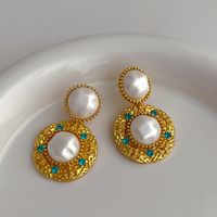 1 Piece Vintage Style Color Block Plating Inlay Copper Artificial Gemstones Artificial Pearls 18k Gold Plated Drop Earrings main image 4