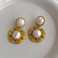 1 Piece Vintage Style Color Block Plating Inlay Copper Artificial Gemstones Artificial Pearls 18k Gold Plated Drop Earrings main image 7