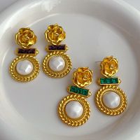 1 Piece Vintage Style Flower Plating Inlay Copper Artificial Gemstones Artificial Pearls 18k Gold Plated Drop Earrings main image 1