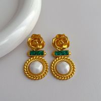 1 Piece Vintage Style Flower Plating Inlay Copper Artificial Gemstones Artificial Pearls 18k Gold Plated Drop Earrings main image 4
