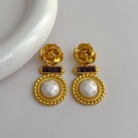 1 Piece Vintage Style Flower Plating Inlay Copper Artificial Gemstones Artificial Pearls 18k Gold Plated Drop Earrings sku image 2
