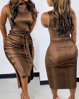 Women's Bodycon Dress Vintage Style Simple Style High Neck Slit Button Belt Sleeveless Solid Color Above Knee Daily Street sku image 5