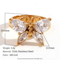 Elegant Basic Classic Style Butterfly Stainless Steel Plating Inlay Zircon 18k Gold Plated Rings main image 5