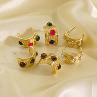 1 Pair Vintage Style Geometric Color Block Plating 304 Stainless Steel Natural Stone Pearl 14K Gold Plated Ear Studs main image 3