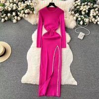 Women's Slit Dress Casual Round Neck Thigh Slit Long Sleeve Solid Color Midi Dress Daily sku image 5