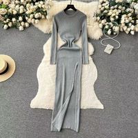 Women's Slit Dress Casual Round Neck Thigh Slit Long Sleeve Solid Color Midi Dress Daily sku image 4