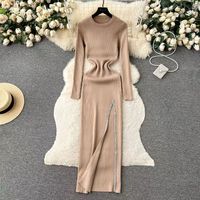 Women's Slit Dress Casual Round Neck Thigh Slit Long Sleeve Solid Color Midi Dress Daily sku image 1