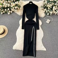 Women's Slit Dress Casual Round Neck Thigh Slit Long Sleeve Solid Color Midi Dress Daily sku image 10