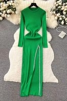 Women's Slit Dress Casual Round Neck Thigh Slit Long Sleeve Solid Color Midi Dress Daily main image 5