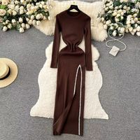 Women's Slit Dress Casual Round Neck Thigh Slit Long Sleeve Solid Color Midi Dress Daily sku image 2