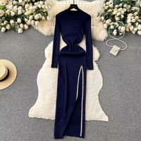 Women's Slit Dress Casual Round Neck Thigh Slit Long Sleeve Solid Color Midi Dress Daily sku image 3