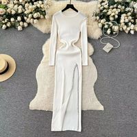 Women's Slit Dress Casual Round Neck Thigh Slit Long Sleeve Solid Color Midi Dress Daily sku image 6