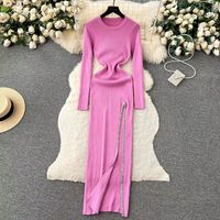 Women's Slit Dress Casual Round Neck Thigh Slit Long Sleeve Solid Color Midi Dress Daily sku image 7