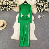 Women's Slit Dress Casual Round Neck Thigh Slit Long Sleeve Solid Color Midi Dress Daily sku image 8