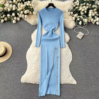 Women's Slit Dress Casual Round Neck Thigh Slit Long Sleeve Solid Color Midi Dress Daily sku image 9