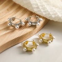 1 Pair Simple Style Geometric Color Block Plating Inlay Copper Pearl 18k Gold Plated Hoop Earrings main image 1