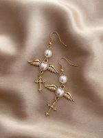 1 Pair Retro Cross Heart Shape Inlay Alloy Artificial Pearls Gold Plated Drop Earrings main image 2