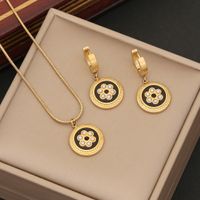 Stainless Steel 18K Gold Plated Retro Commute Enamel Inlay Round Artificial Pearls Earrings Necklace sku image 2