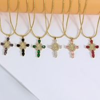 Luxurious Cross Copper Plating Metal Inlay Zircon 18k Gold Plated Pendant Necklace main image 1