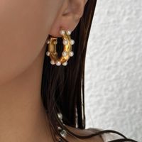 1 Pair Simple Style Round Inlay Titanium Steel Pearl Earrings main image 3