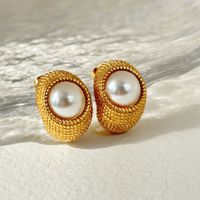 1 Pair Classic Style Commute Solid Color Inlay Titanium Steel Pearl Ear Studs main image 2