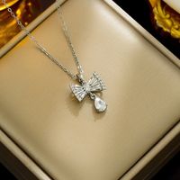 Wholesale Elegant Streetwear Bow Knot Stainless Steel Plating Inlay 18k Gold Plated Zircon Pendant Necklace main image 3