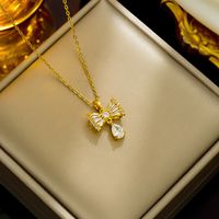 Wholesale Elegant Streetwear Bow Knot Stainless Steel Plating Inlay 18k Gold Plated Zircon Pendant Necklace main image 4