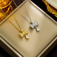 Wholesale Elegant Streetwear Bow Knot Stainless Steel Plating Inlay 18k Gold Plated Zircon Pendant Necklace main image 6