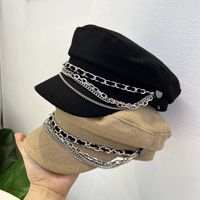 Women's Retro British Style Solid Color Chain Curved Eaves Military Hat main image 4