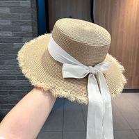 Women's Sweet Pastoral Solid Color Bowknot Wide Eaves Straw Hat sku image 2