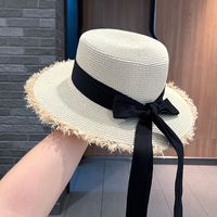 Women's Sweet Pastoral Solid Color Bowknot Wide Eaves Straw Hat sku image 3