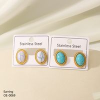 1 Pair Retro Simple Style Oval Plating Inlay 304 Stainless Steel Turquoise Opal 18K Gold Plated Ear Studs main image 3