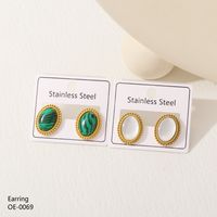 1 Pair Retro Simple Style Oval Plating Inlay 304 Stainless Steel Turquoise Opal 18K Gold Plated Ear Studs main image 4