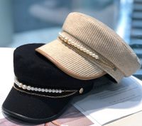 Frau Retro Süss Britischer Stil Einfarbig Perle Kette Gebogene Traufen Militärischer Hut main image 2
